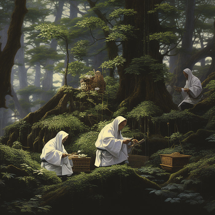 Yamabushi monks harvesting lion's mane mushrooms in ancient japan